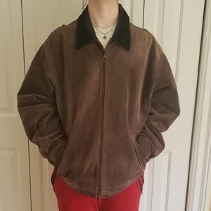Brown leather bomber jacket